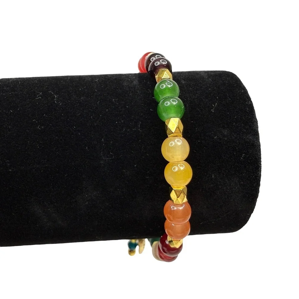 Boho Colorful Glass Gemstone Heart Charm Bracelet Gold Tone Stretch Band Wrist 7